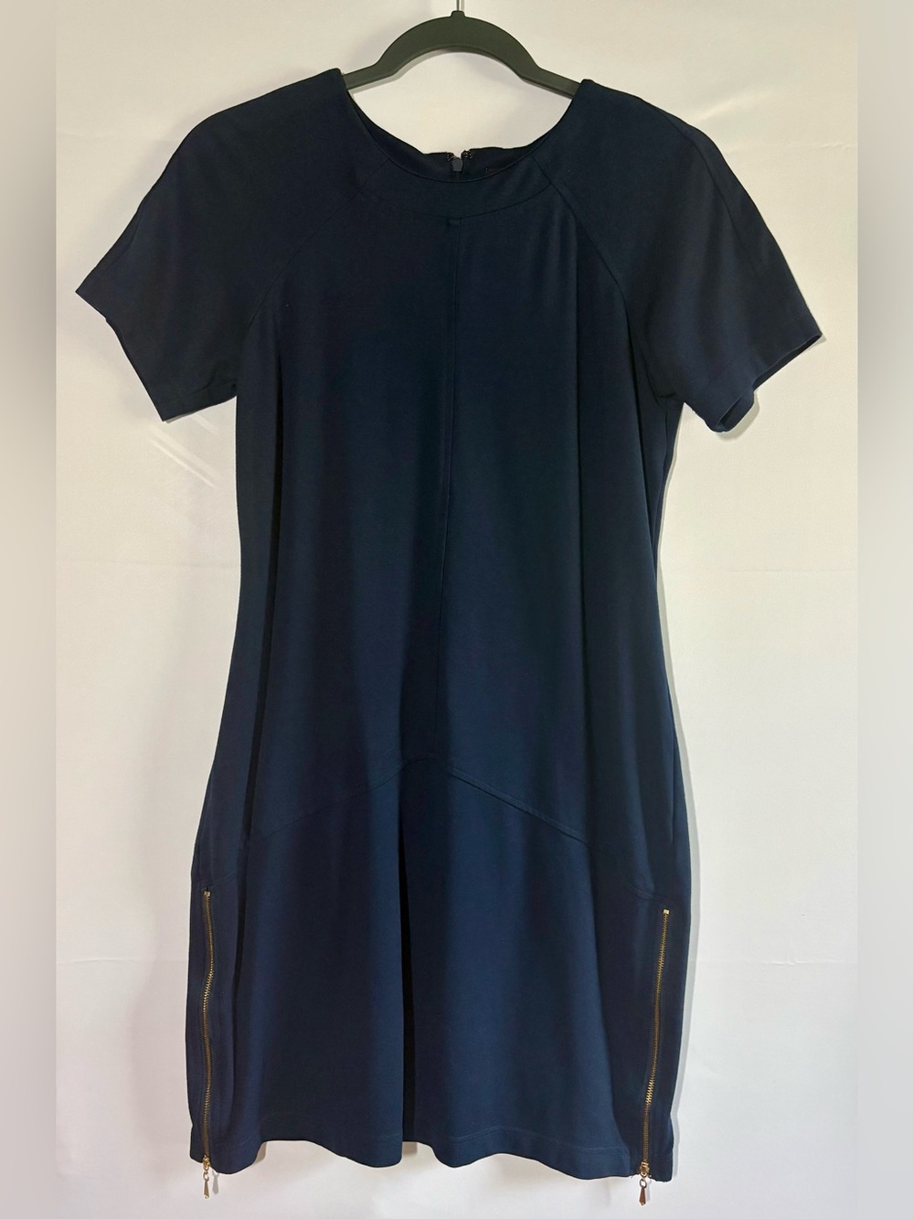 Navy Knit Shift Dress with Gold Zipper Accents